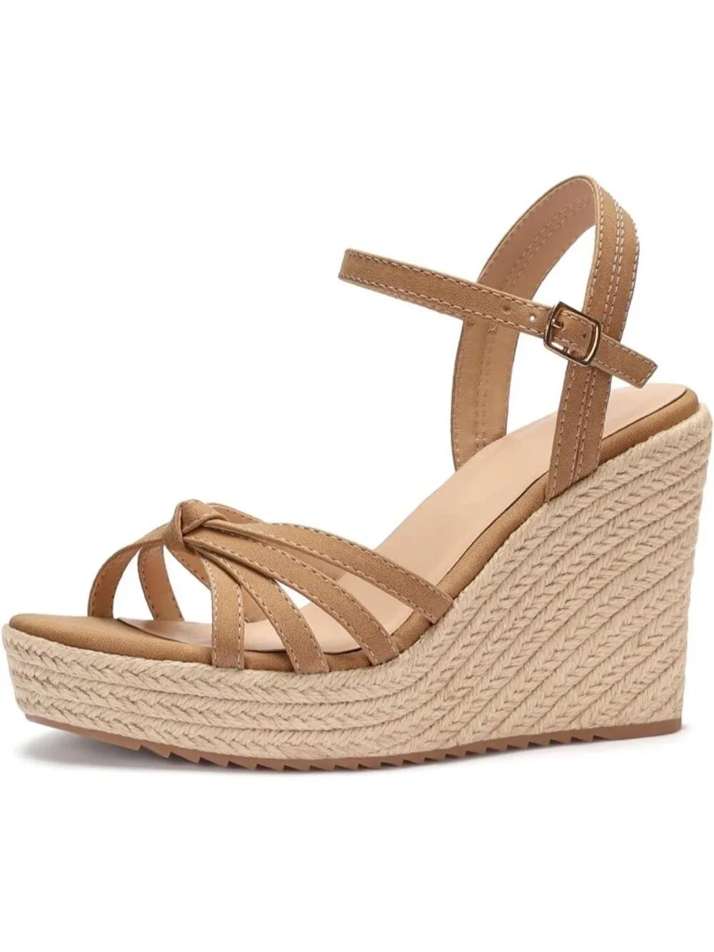 Women's Tan Matte Espadrille Platform Wedge Sandals Open Toe Ankle Strap Heels